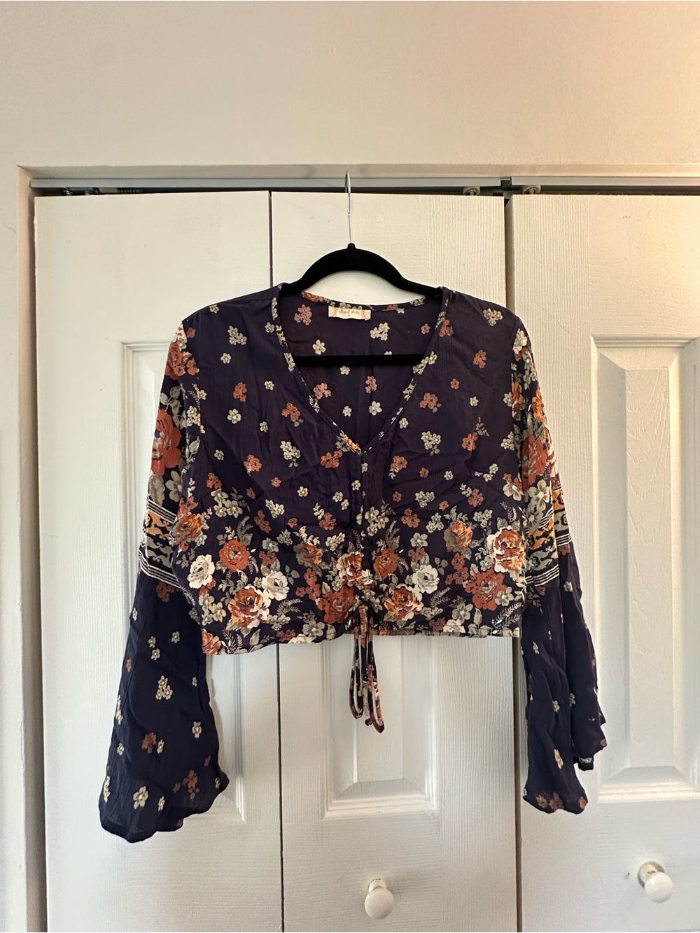 Altar'd State Navy Floral Tie-Front Cropped Blouse